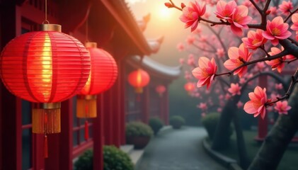 Obraz premium Vibrant red lanterns, gold ingots, blossoming plum branches, spring, graphic