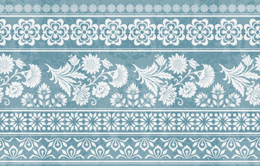 floral pattern vintage ethnic modern embroidery texture boho design vector illustration hand drawn pink flower motif branches leaves wallpaper seamless background border. © Thitichot