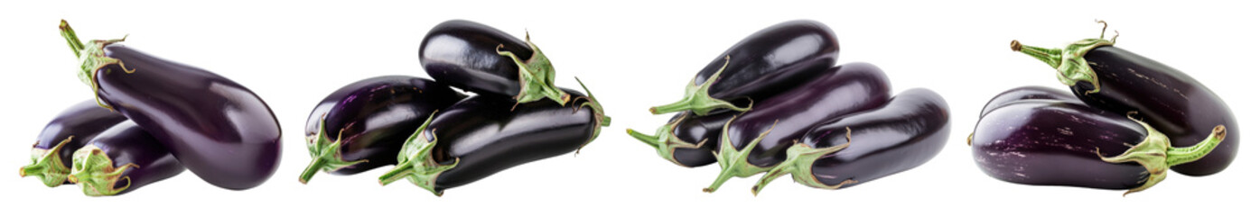 PNG Fresh glossy eggplants in abundance, element set on transparent background