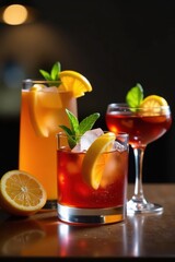 Elegant glassware filled with various liquors, ice, and garnishes , tequila, liquor, pub