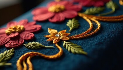 Close-up of needle & foot, golden embroidery on dark fabric , detail, needlework