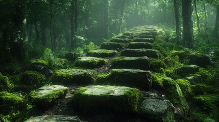 Fototapeta premium Mossy stone steps ascending into a misty green forest.