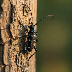 Macro Photography of Asian Longhorn Beetle on Maple, Soft Morning Light, White Spots, Antennae