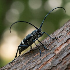 Macro of Asian Longhorn Beetle on Maple Tree, White Spots, Long Antennae, Soft Focus Morning Light