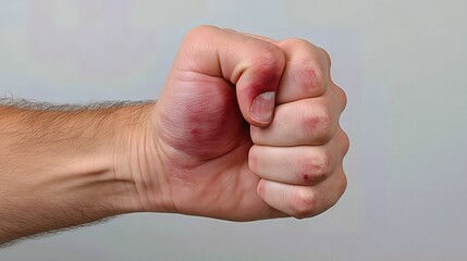 A bruised fist clenches tightly in a defiant fighting stance, marked by pain and anger.

