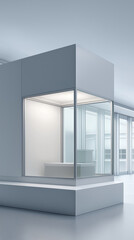 Fototapeta premium Glass kiosk standing in minimalist office environment, displaying illuminated interior design highlighting sleek architectural elements and contemporary information presentation
