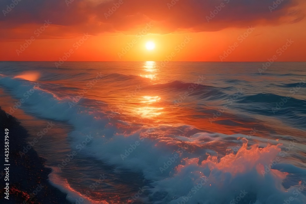 Aufkleber オレンジ色の夕日が海に沈む 水面の反射と波の輝き 夏の太陽が水平線に消える瞬間