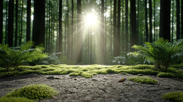 serene forest path illuminated by sunlight, surrounded by lush greenery and moss
