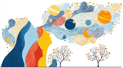 Fototapeta premium Colorful Representation of Children's Mental Health Week with Abstract Human Figures and Cosmic Elements