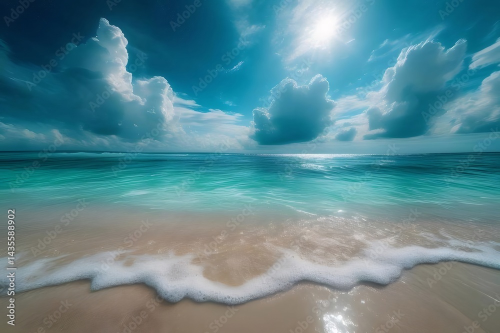 Aufkleber 穏やかな太陽の下 海辺の透き通った水と白い砂浜 輝く雲と青い空の絶景