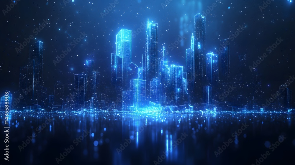Aufkleber futuristic cityscape glows with blue light. holographic buildings reflect on the surface below creat