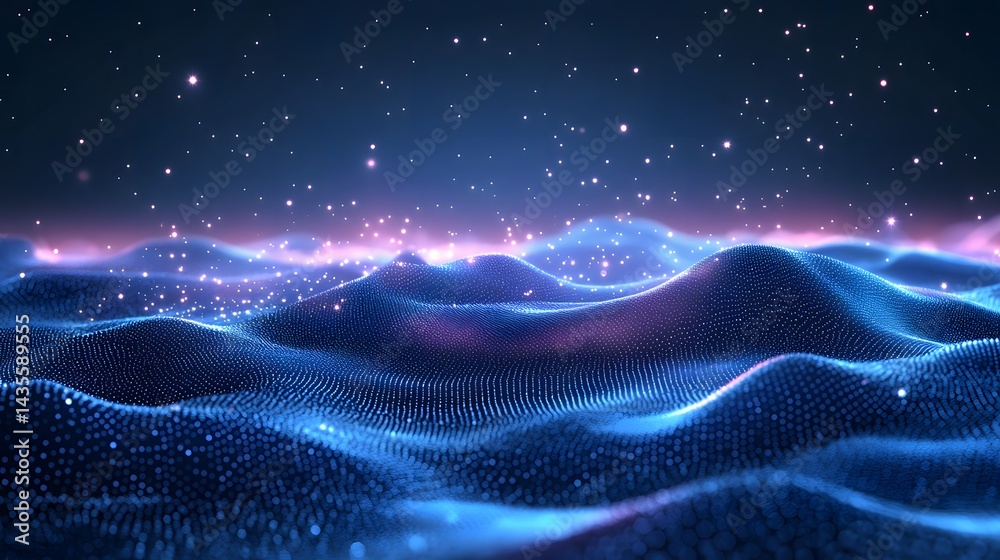 Aufkleber A dreamy, abstract landscape of blue particles forms a rolling surface under a starry sky. Soft illumination and a pink horizon glow add depth. Abstract wireframe in dark blue.