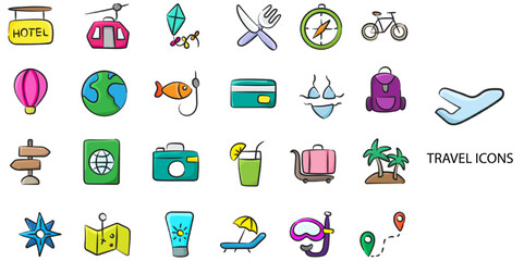 Travel simple concept 24 hand drawn color icons set. Contains such travel, vacations, journey, airplane .Vector illustration.