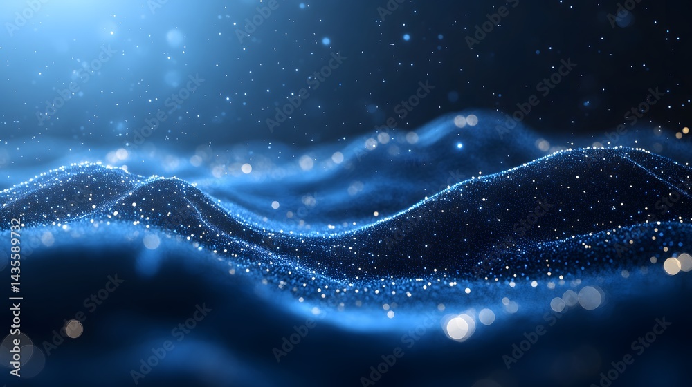 Poster Ethereal blue abstract. Sparkling particles form a wave, like stardust in motion. Bokeh lights enhance depth and create a dreamy feel. Perfect for backgrounds! Abstract wireframe in dark blue