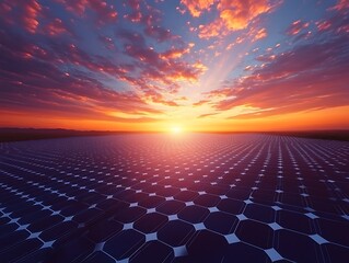 Obraz premium Solar panel field at sunset over a vast landscape. Possible use Stock photo for renewable energy, nature, technology