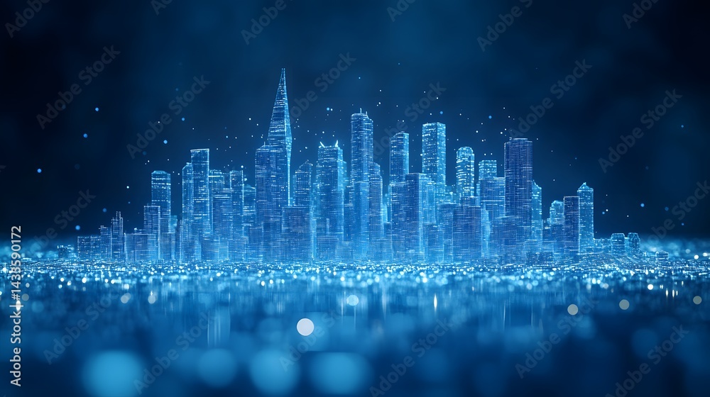Leinwandbilder futuristic city glows with neon blue lines, mirroring on a reflective surface. ethereal particles an