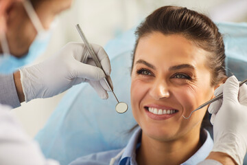 Happy woman visiting dental for clinic oral health treatment, dentist exam, teeth, gums care,...