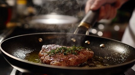 Fototapeta premium Delicious steak sizzles on a hot pan in a professional kitchen setting