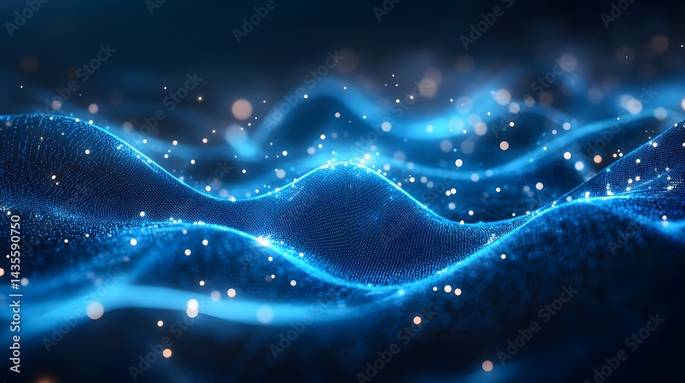 Poster A dynamic abstract design featuring flowing blue wave-like structures composed of dots, complemented by floating white and golden orbs against a dark blue background. Abstract wireframe in dark blue.