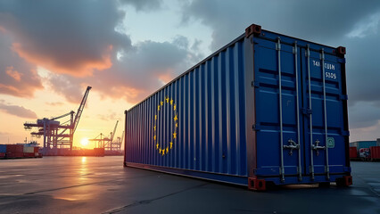 Dramatic Sky and Industrial Cranes with EU Flag Container at Port