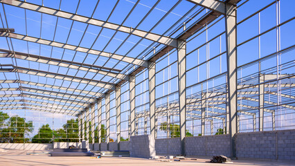 Obraz premium Metal structure of factory warehouse industry buildings in construction site against blue sky background, perspective side view