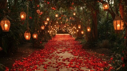 Indian wedding aisle decorated with rose petals, lanterns, and hanging floral garlands