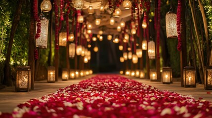 Indian wedding aisle decorated with rose petals, lanterns, and hanging floral garlands