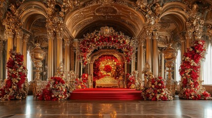 Fototapeta premium Luxurious Indian wedding stage with golden drapes, red floral arrangements, ornate pillars