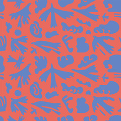 Vector birds flying silhouettes. Animal shape seamless pattern. Simple naive art flat cartoon background in bright pink colors. Abstract clouds backdrop in wavy and groovy 70s style.