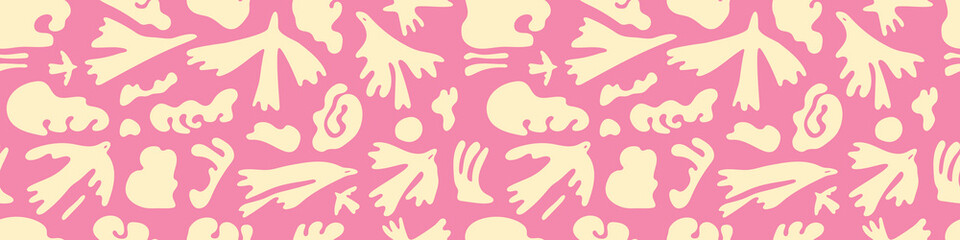 Vector birds flying silhouettes. Animal shape seamless pattern. Simple naive art flat cartoon background in bright pink colors. Abstract clouds backdrop in wavy and groovy 70s style.