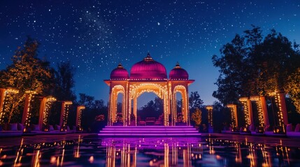 Nighttime Indian wedding setup with LED lights, glowing mandap, and stars in the sky