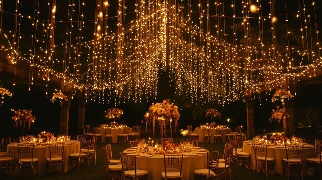 Nighttime outdoor wedding dinner with string lights, round tables, and hanging florals