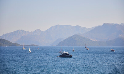 Yacht in the Mediterranean Sea between the islands in Marmaris, Turkey