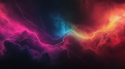 Fototapeta premium A visually captivating storm with rainbow-colored lightning bolts spreading across a deep dark sky,