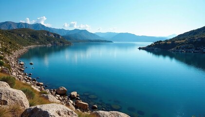 Irregular shaped lake with rocky shoreline and calm water, winter, irregular