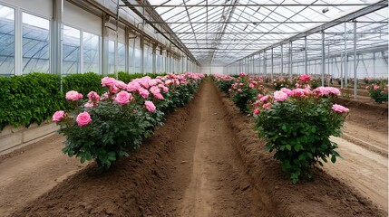 Inside the greenhouse, neat rows of pink roses bloom vibrantly from rich soil beds.

