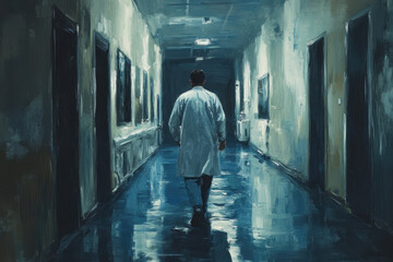 Man walking down dimly lit hallway, shadows adding mystery and intrigue.