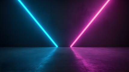 Obraz premium The image contains two bright neon lines, one cyan and one magenta, intersecting on a dark floor in a v-shape against a dark wall.