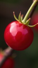 Close-up of a vibrant red cherry on a branch, highlighting its glossy surface and green stem with a blurred background