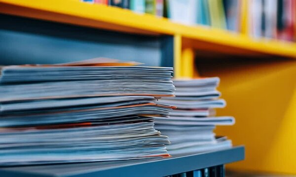 Stacked magazines on a shelf, showcasing vibrant colors and texture.