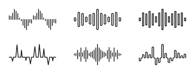Obraz premium Sound waves vector set. Music, audio message, podcast, radio signal, audio voice recording. The equalizer template icons collection. Isolated on a white background. Editable ones.