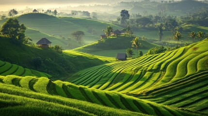 Fototapeta premium Verdant Terraced Fields in Misty Sunrise
