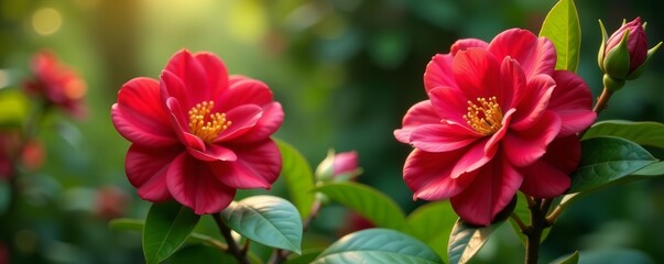 Obraz premium Vibrant red camellia flowers adding color to a serene garden scene, bright, camellia