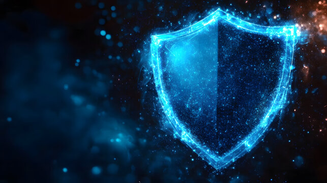 A glowing blue shield symbolizing protection and security, set against a dark, mystical background filled with particles.