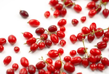 Vibrant red goji berries, glistening, scattered on pristine white background, red, studio shot