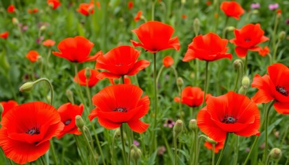 Vibrant red poppies blooming in a lush green garden, flora, background