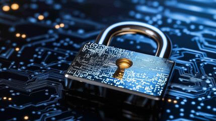 Cybersecurity Concept - Digital Padlock on Circuit Board