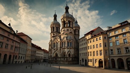 Fototapeta premium The magnificent basilica with its twin domes rises above the old town buildings under a cloudy sky. The beautiful Gothic architecture is visible in detail.