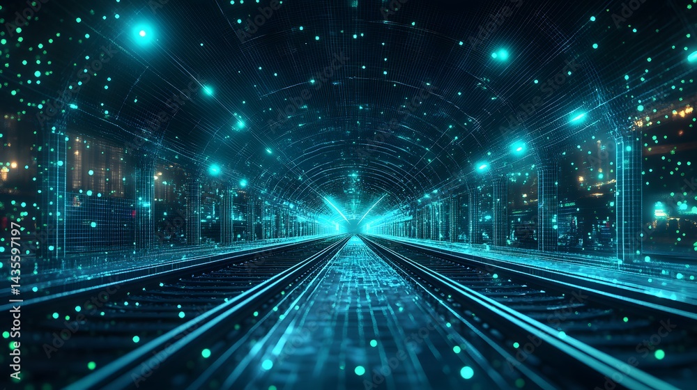 Aufkleber Futuristic neon tunnel with receding railway tracks converging on a bright light. Virtual cityscapes adorn the sides, creating a virtual reality. Abstract wireframe in dark blue