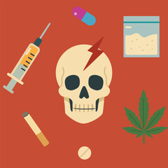 vector illustration, drug kills poster. In vector flat style. On background several types of drugs cocaine heroin heroin cigarette pills syringe and human skull as a sign of death.